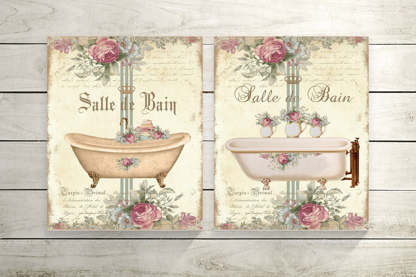 Conjunto de 2 impresiones en lienzo floral y marfil Salle de Bain