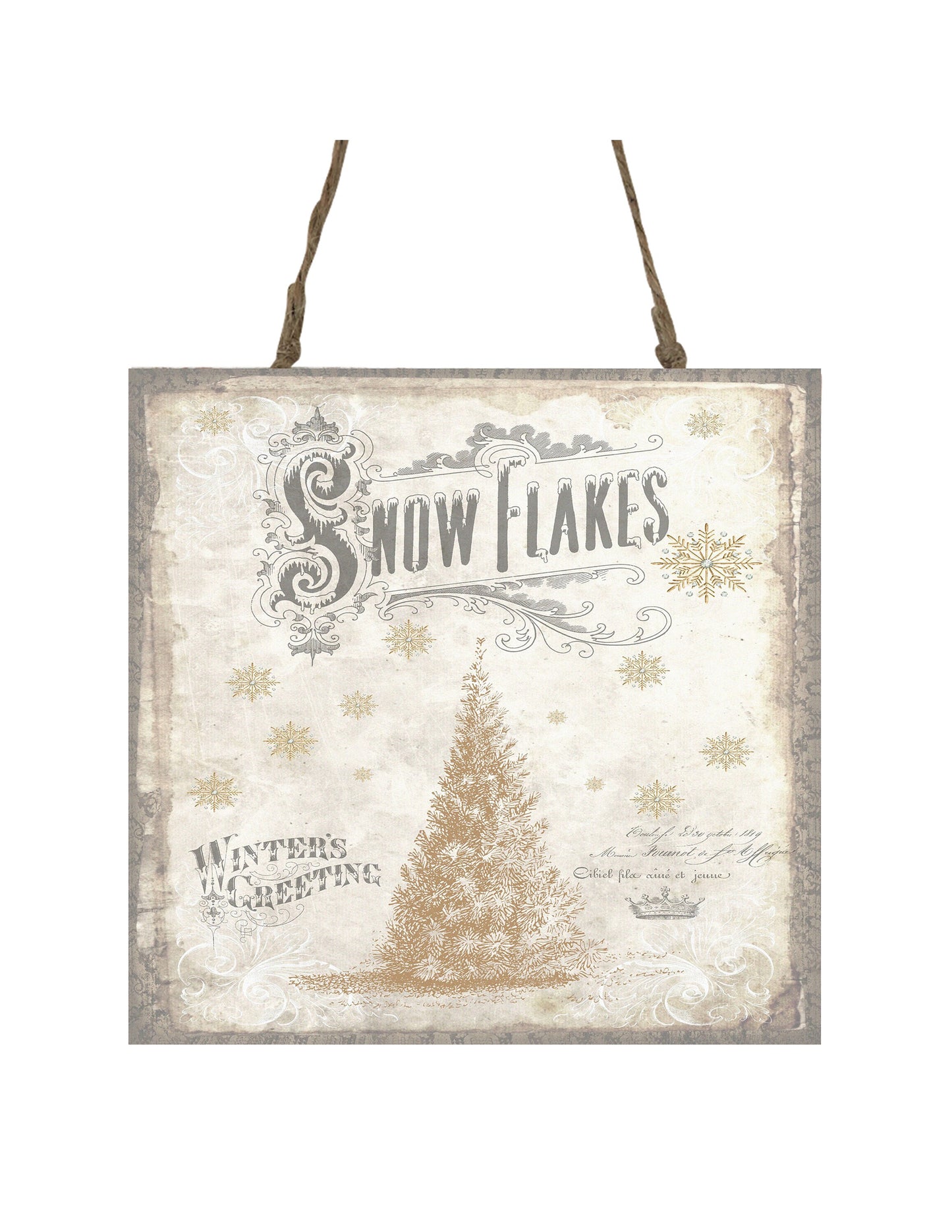 Gold Tree Snowflake Printed Handmade Wood Christmas Ornament Small Sign