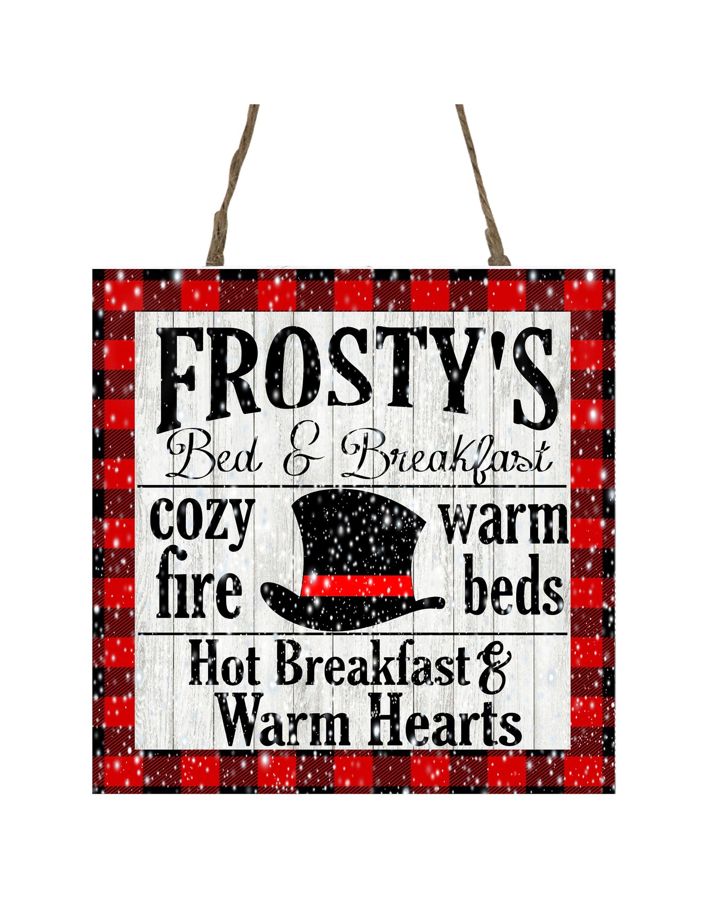 Frosty's Bed & Breakfast - Adorno navideño de madera hecho a mano con estampado de cuadros de búfalo rojo, cartel pequeño