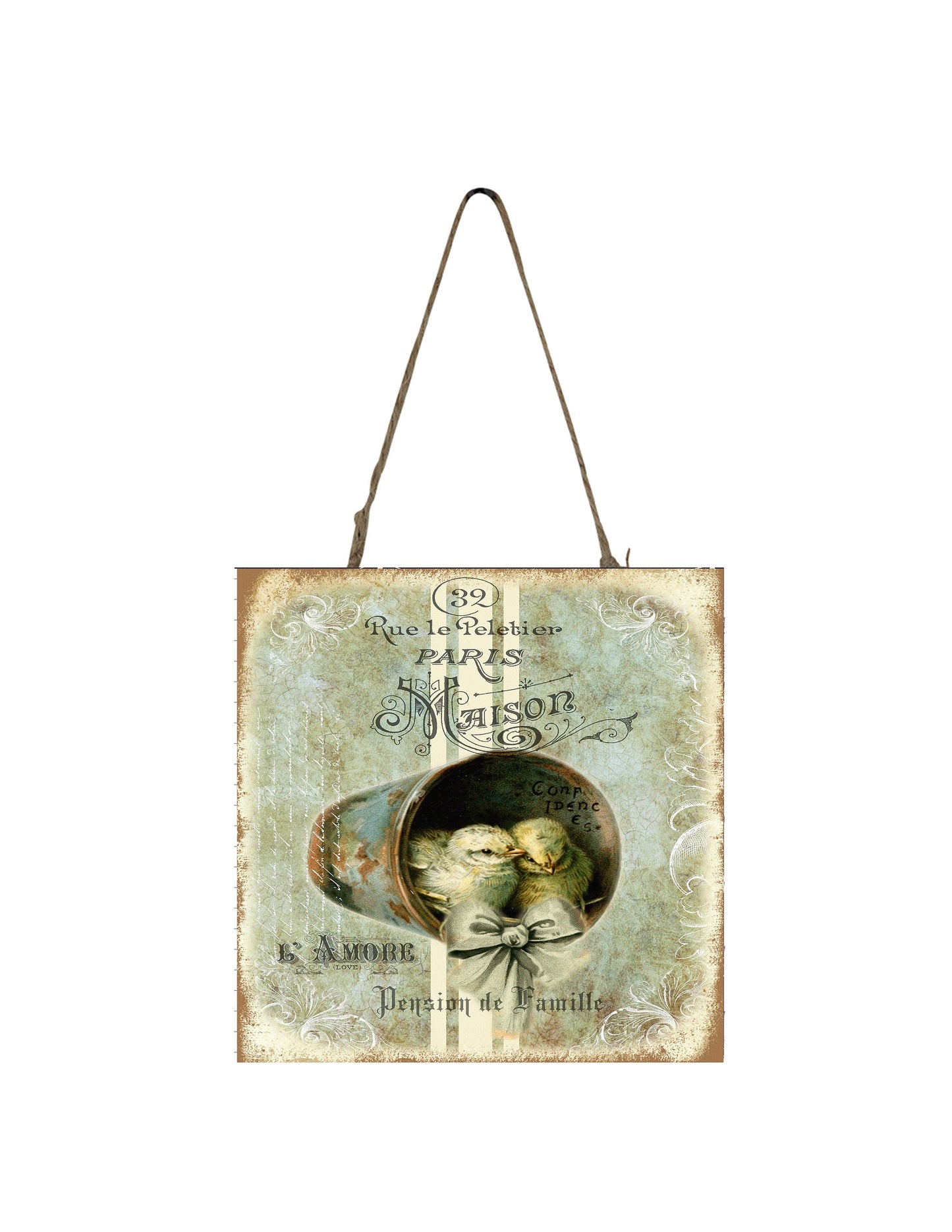 French Baby Chicks Printed Handmade Wood Ornament Small Sign