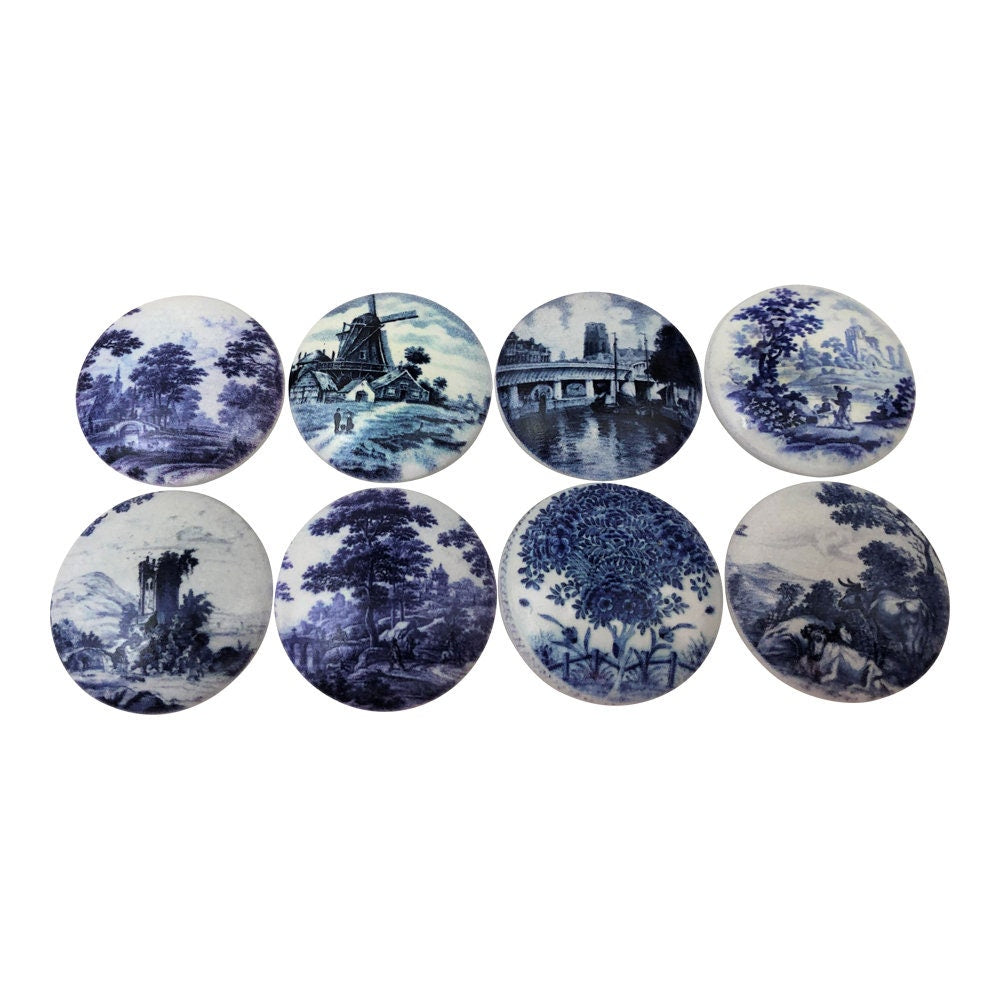 Set of 8 Delft Blue Print Cabinet Knobs