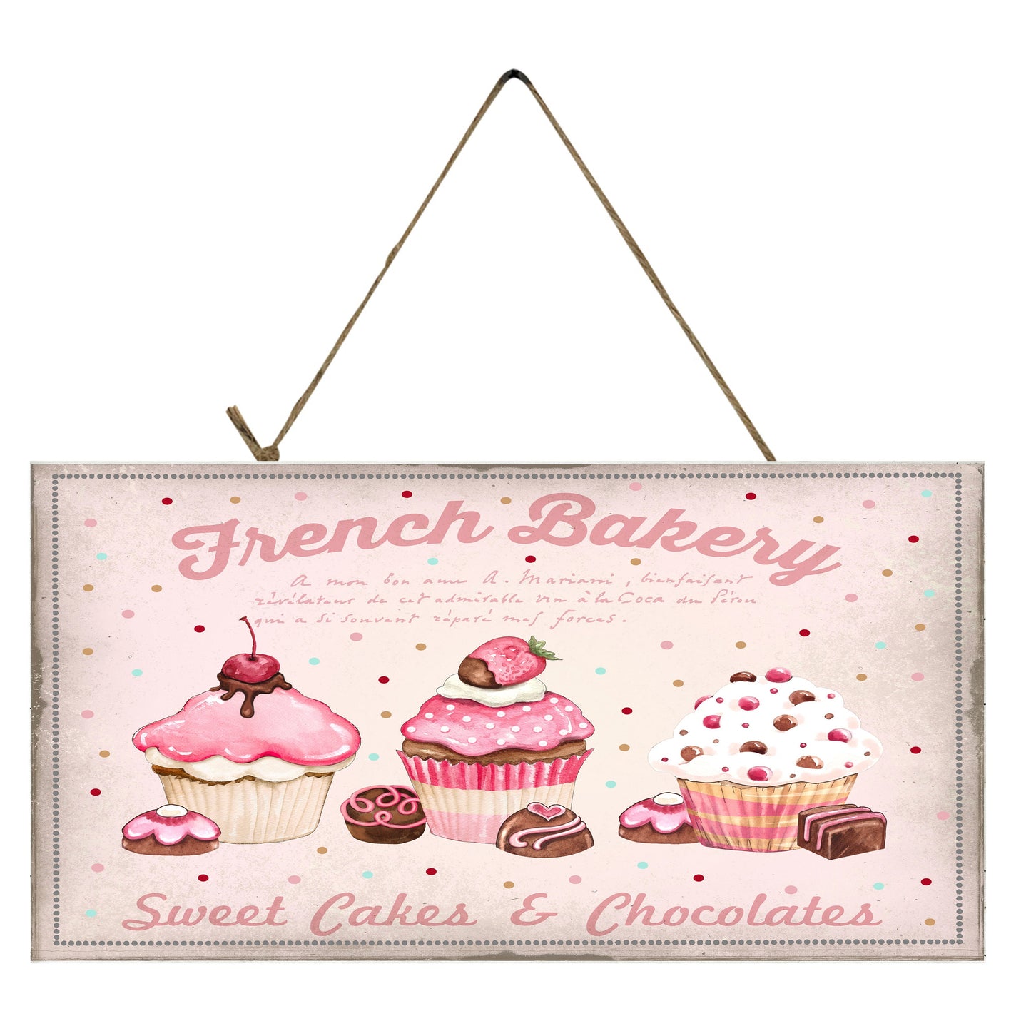 Letrero de madera hecho a mano con estampado de panadería francesa en mal estado rosa