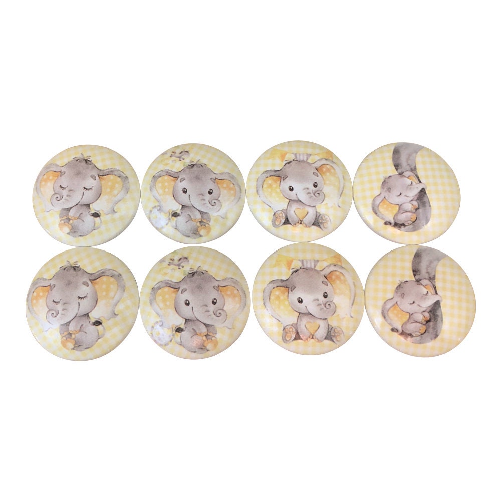 Juego de 8 pomos para armario de guardería con diseño de elefante amarillo sobre cuadros vichy