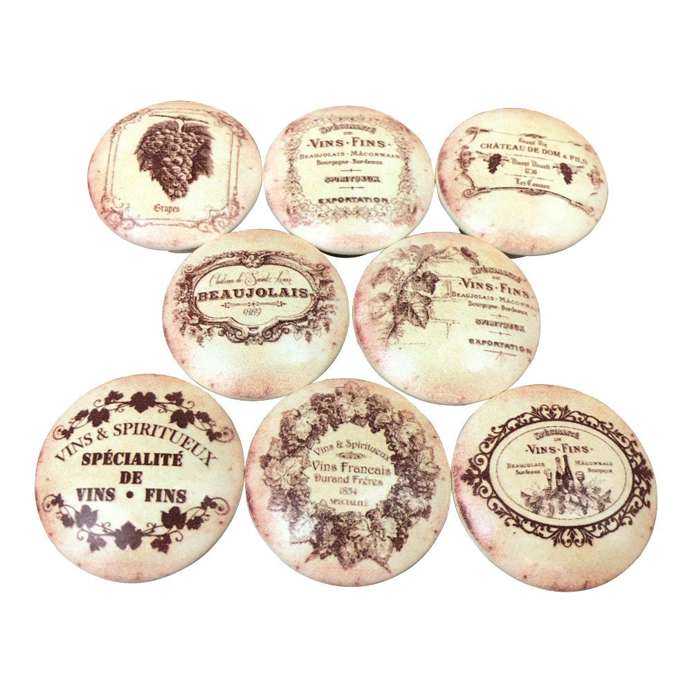 Juego de 8 pomos de armario con etiqueta de vino de viñedo francés