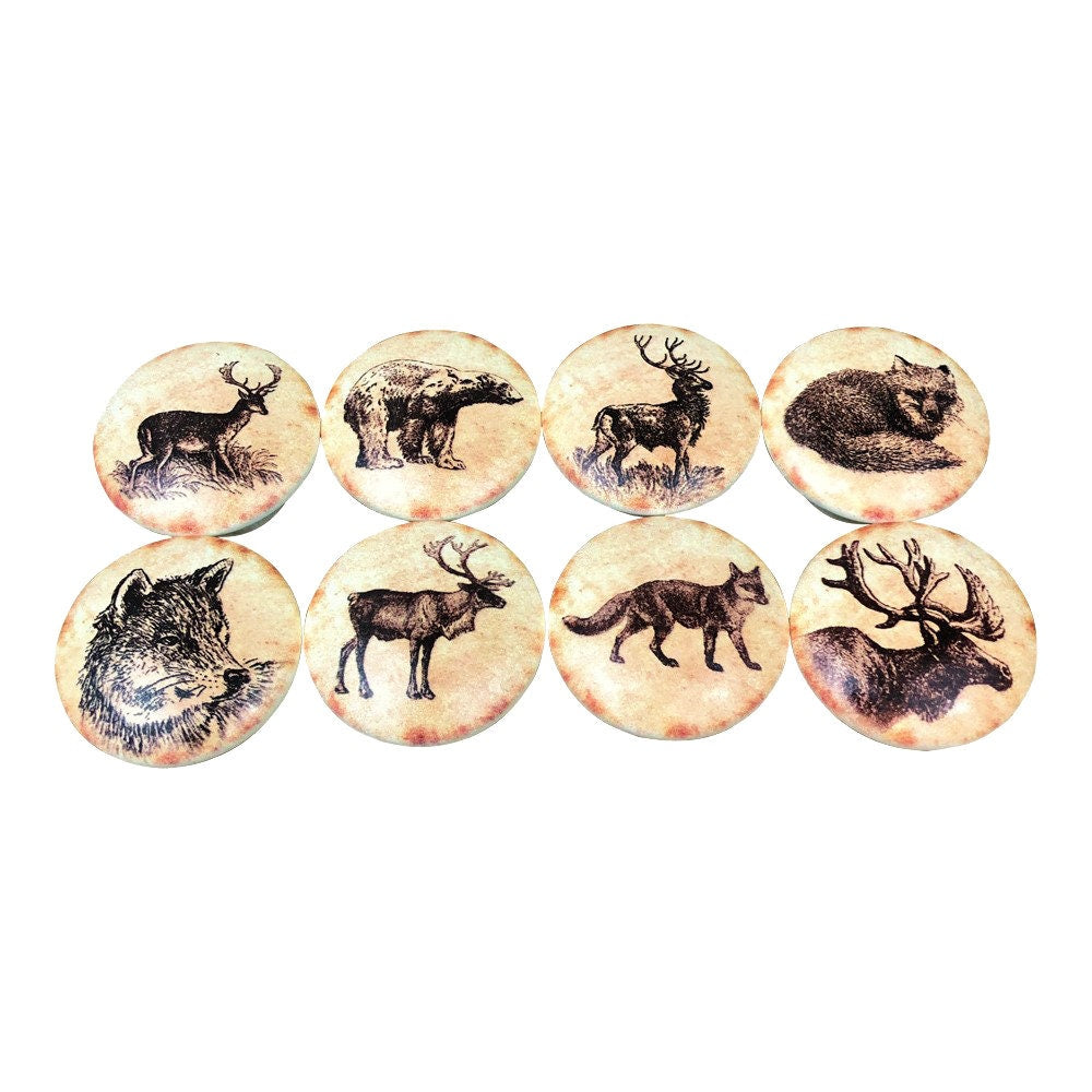 Set of 8 Woodland Animals on Ivory Wood Cabinet Knobs