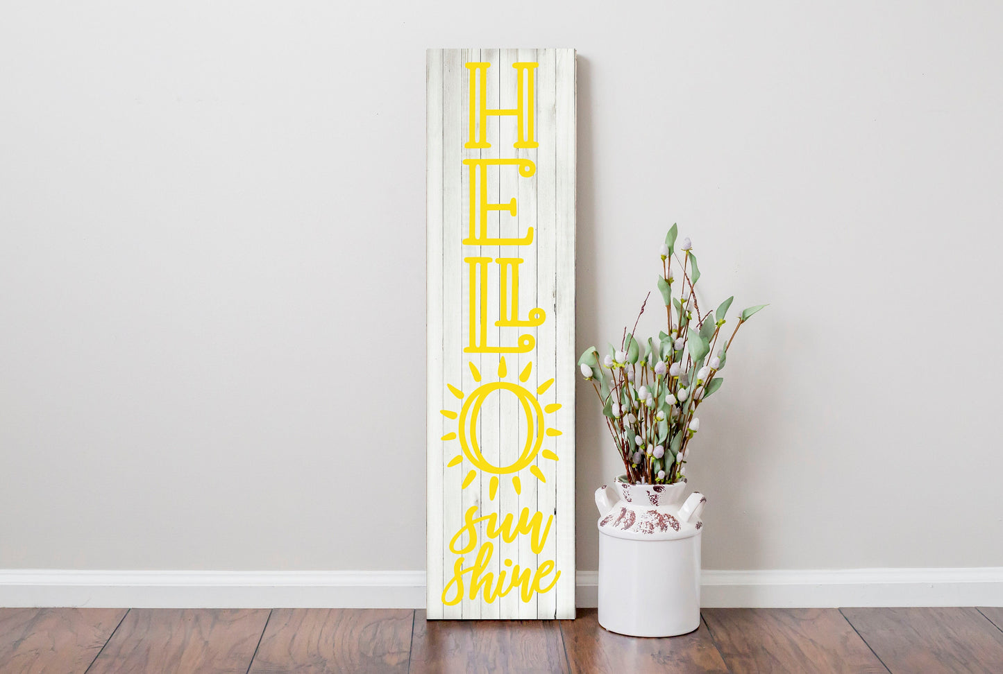 Letrero de madera vertical Hello Sunshine de 24 pulgadas