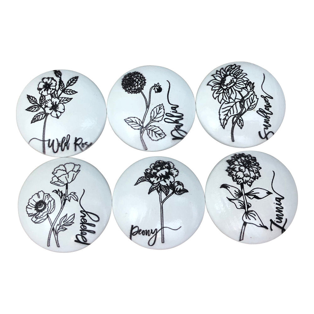 Juego de 6 tiradores de gabinete con estampado floral botánico negro