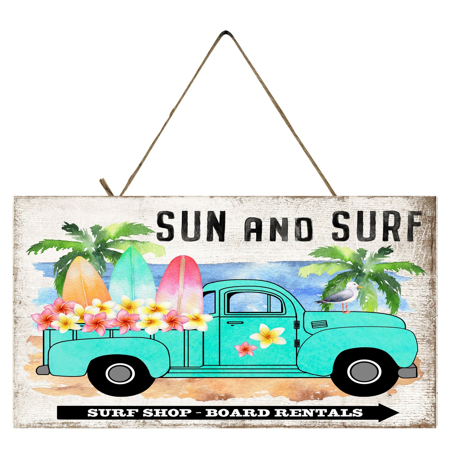 Cartel de madera hecho a mano con estampado de camión vintage de sol y surf
