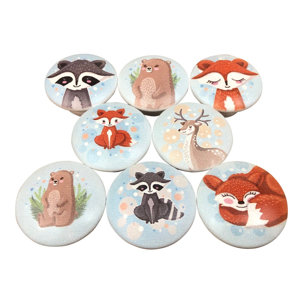 Juego de 8 pomos de madera para armario de animales de guardería Woodland