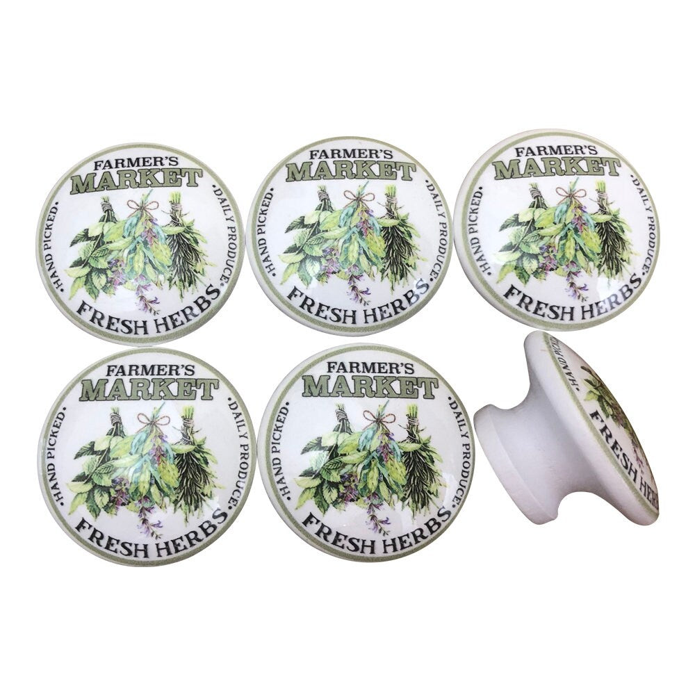 Juego de perillas para gabinete con estampado de hierbas frescas del mercado de agricultores