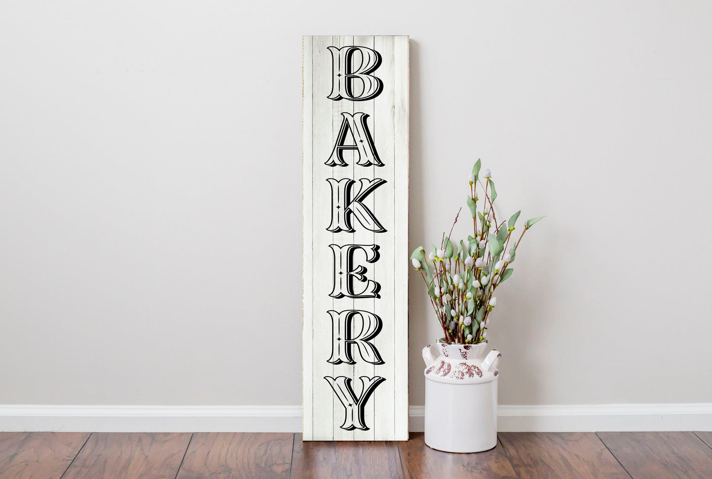Letrero de impresión de madera vertical de cocina de panadería en blanco y negro de 24 pulgadas