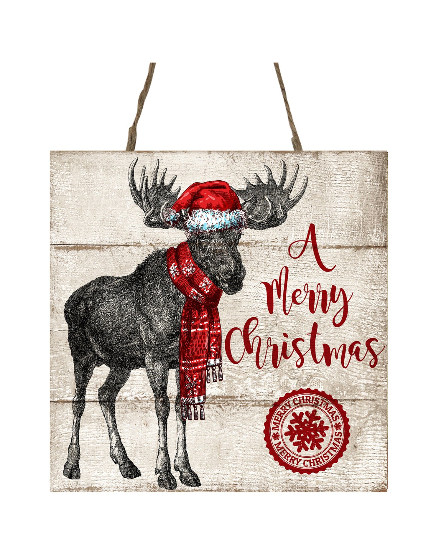Feliz Navidad Moose Farmhouse Navidad impreso hecho a mano adorno de Navidad de madera pequeño cartel (5" x 5"