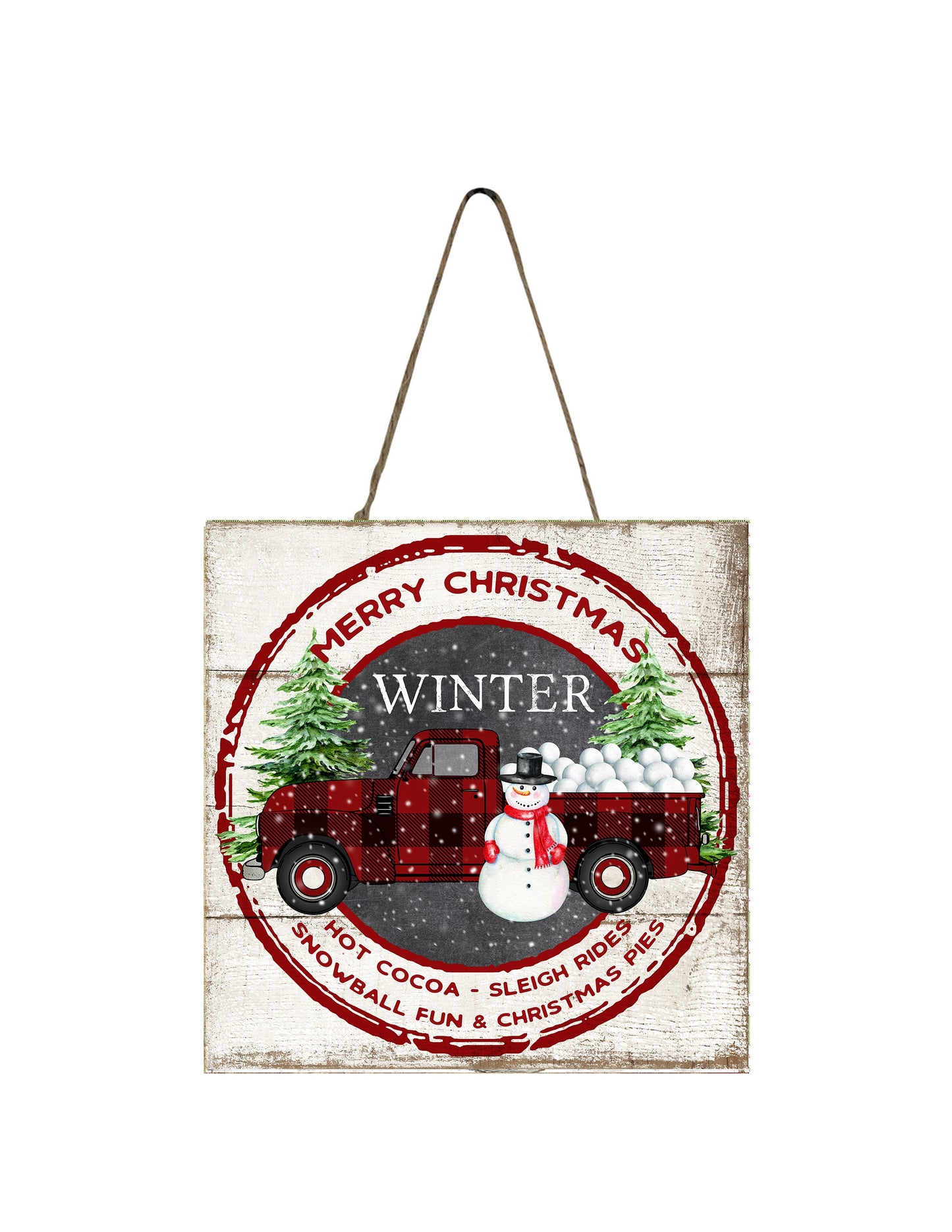 Merry Christmas Snowman Truck Printed Handmade Wood Christmas Ornament Small Sign