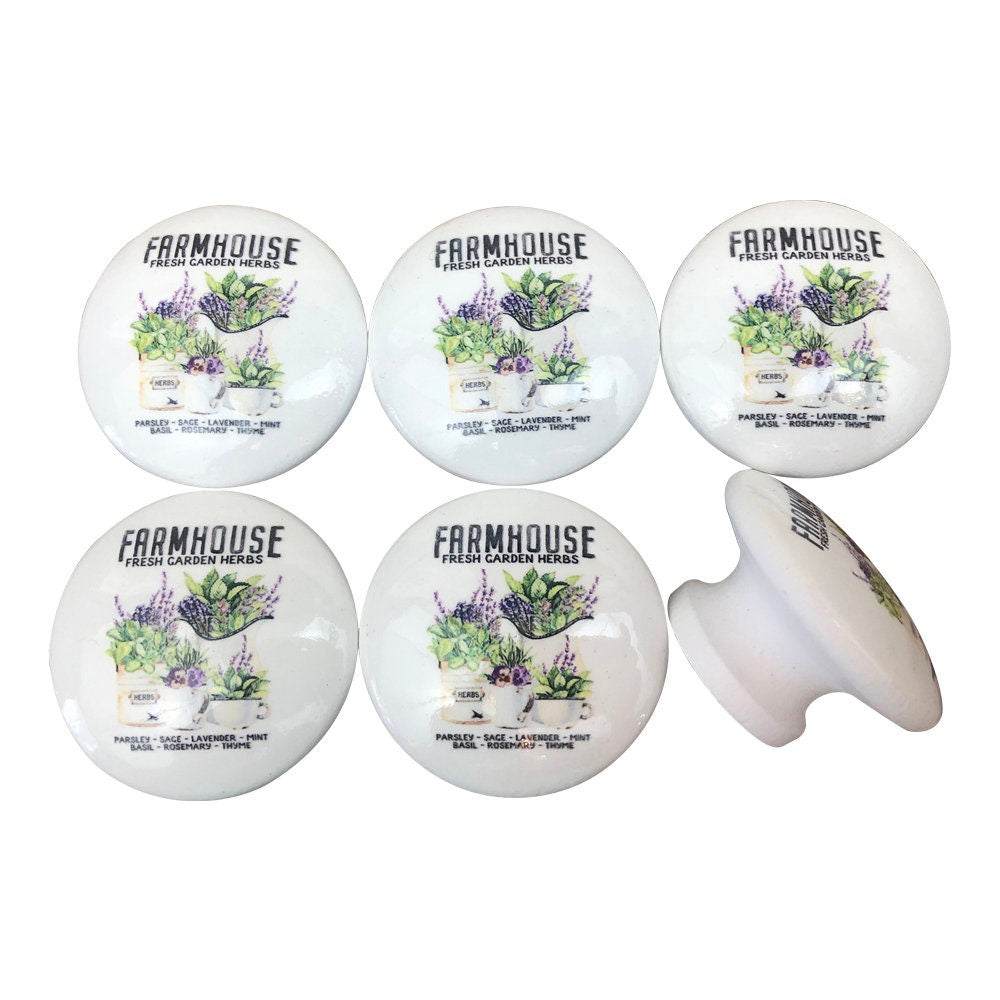 Set of 6 Farmhouse Herb Garden Print Cabinet Knobs