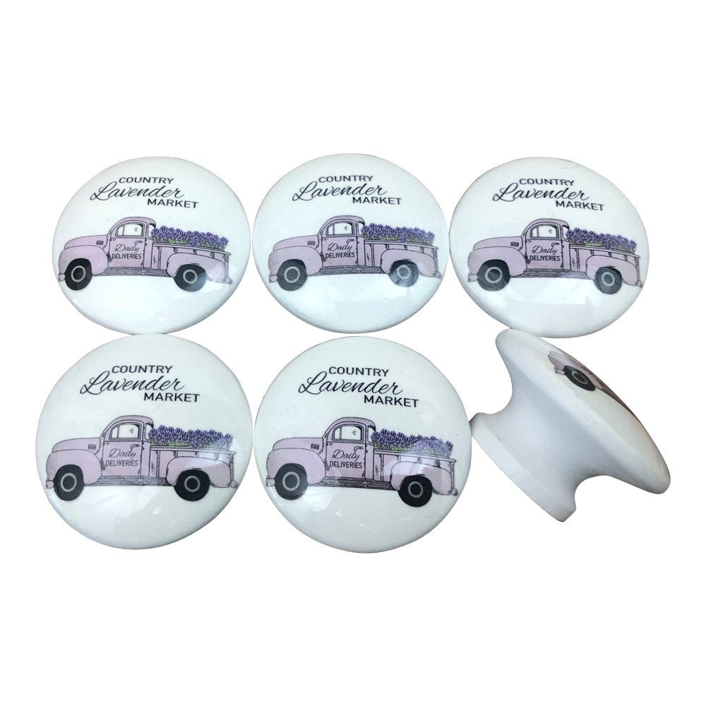 Set of 6 Lavender Truck Farmhouse Print Cabinet Knobs