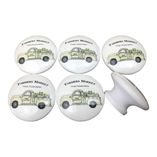 Set of 6 Fresh Picked Herb Truck Farmhouse Print Cabinet Knobs