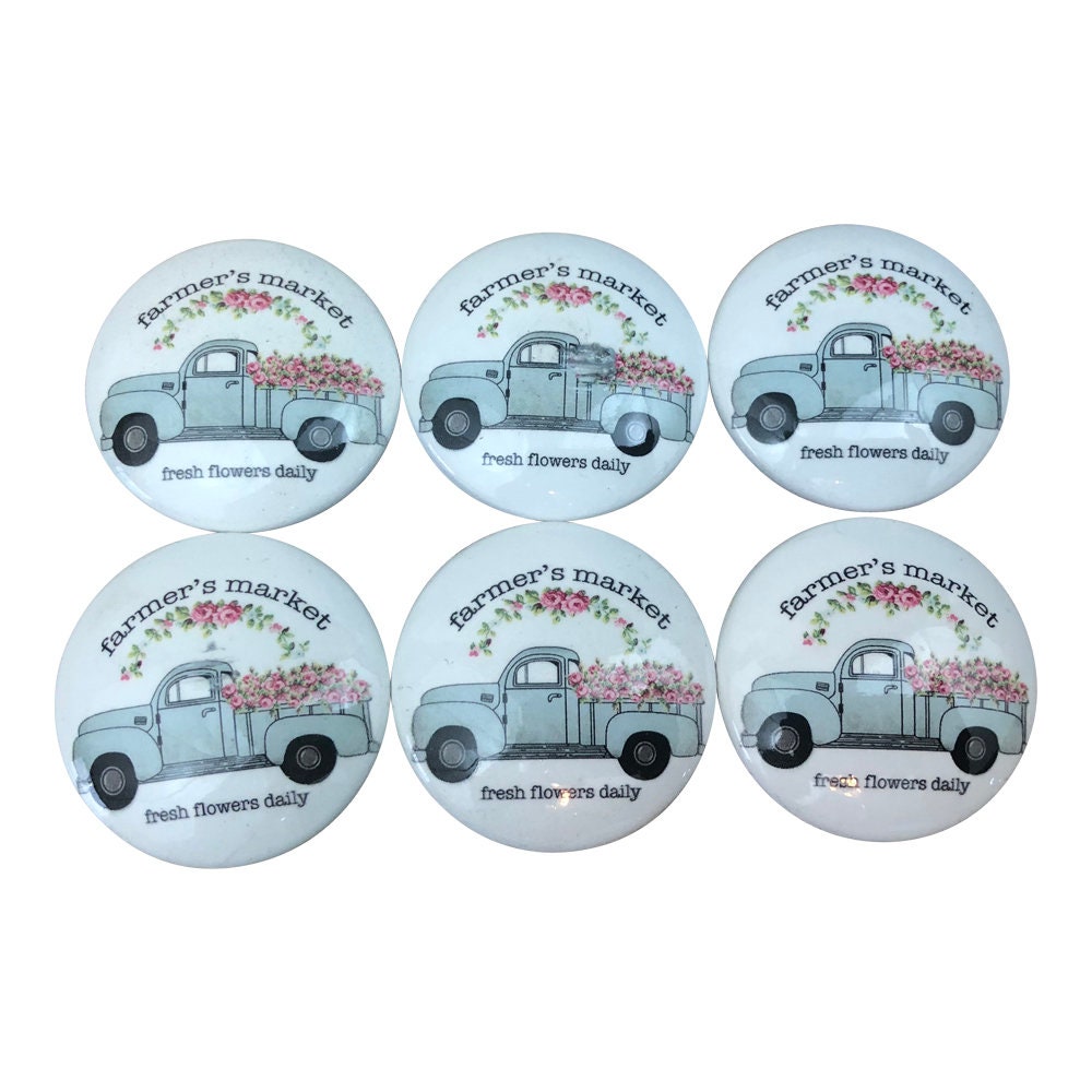 Set of 6 Blue Flower Truck Farmhouse Print Cabinet Knobs