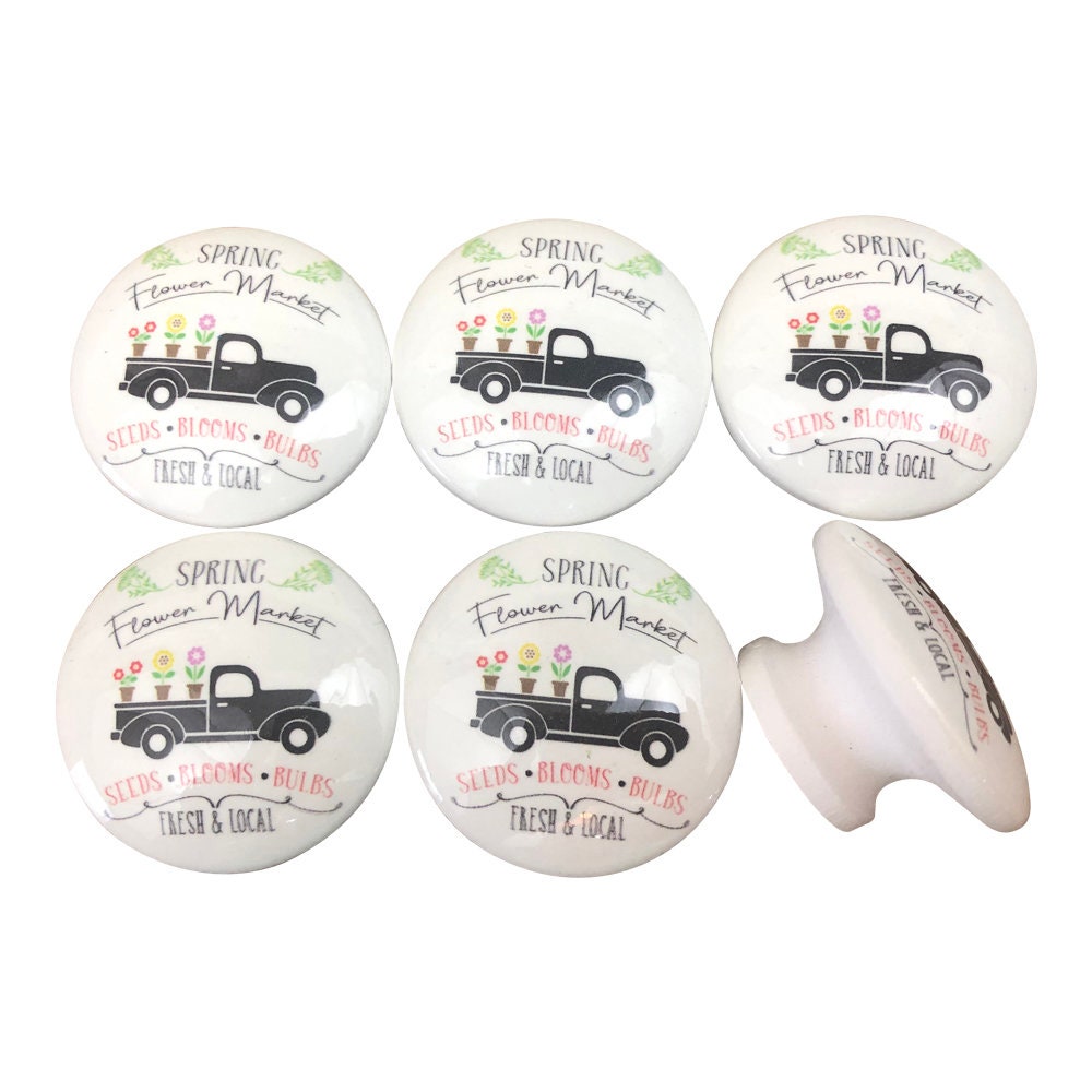 Set of 6 Spring Flower Market Truck Farmhouse Print Cabinet Knobs