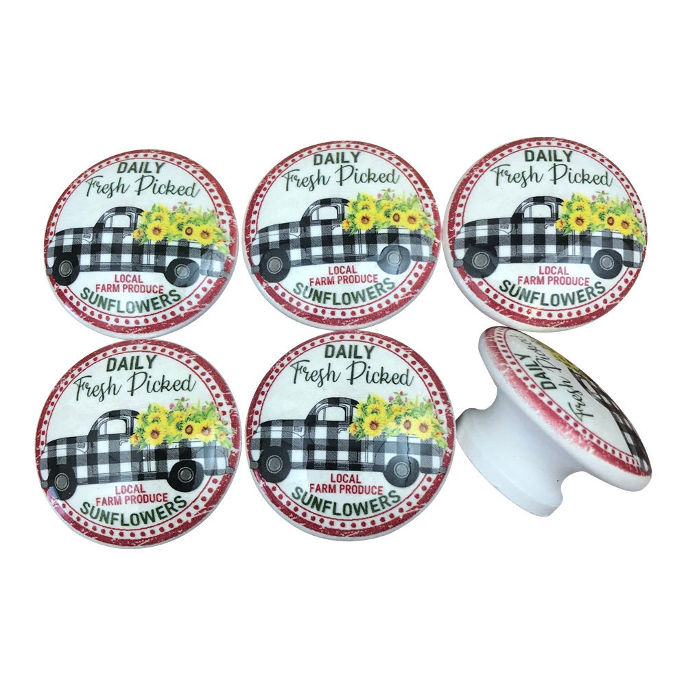 Set of 6 Black Check Sunflower Truck Farmhouse Print Cabinet Knobs