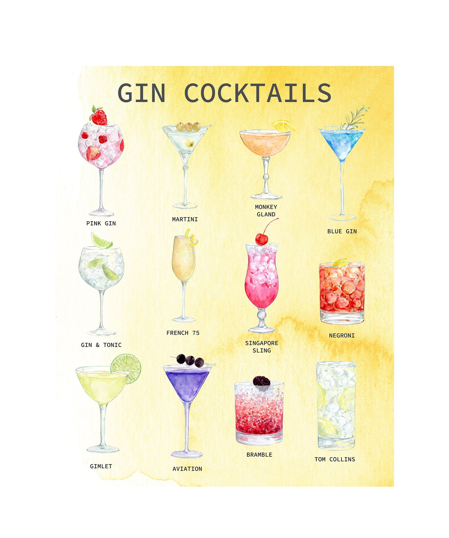 Lienzo decorativo para pared con diseño de cócteles de ginebra, 16 x 20