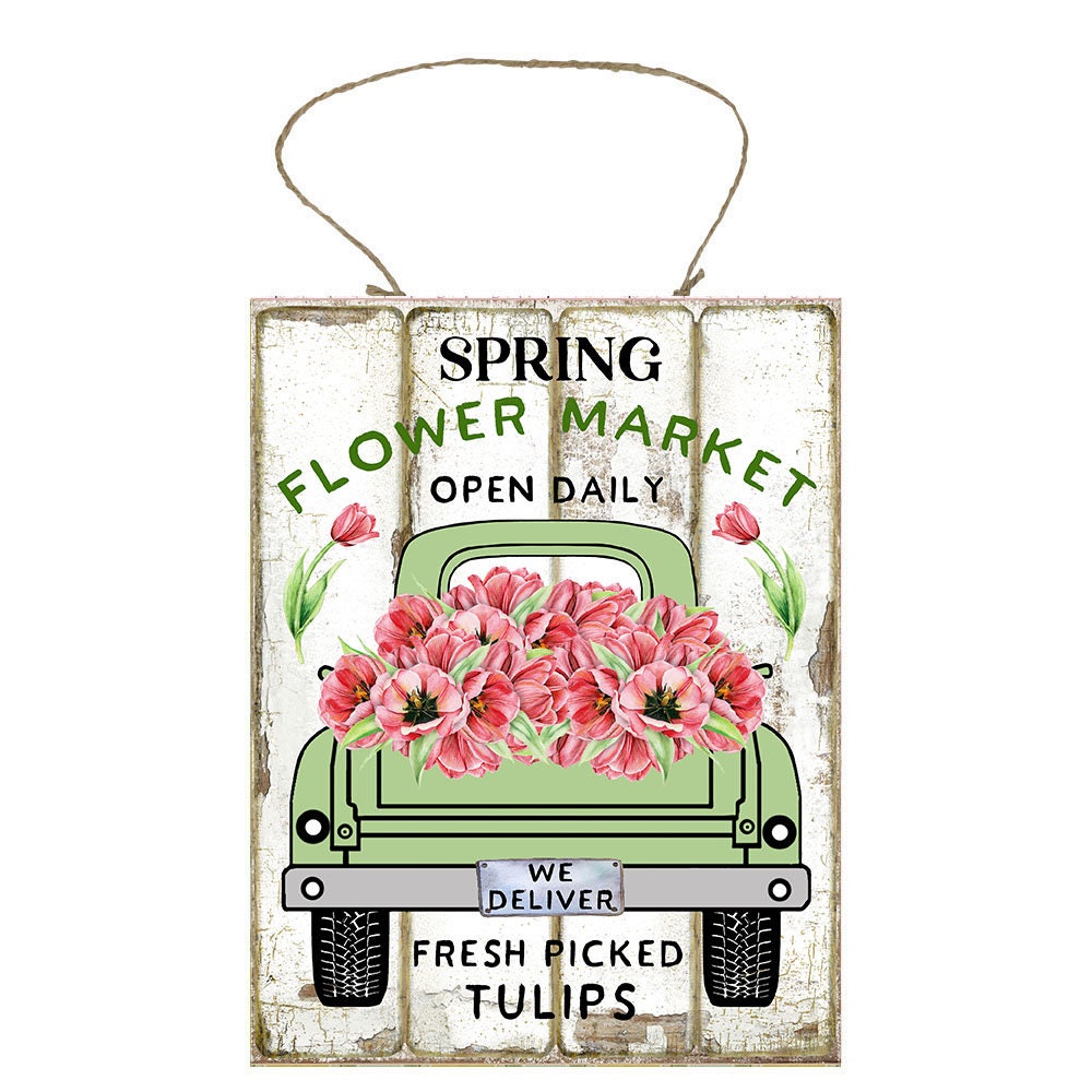 Spring Flower Market Green Truck Printed Handmade Wood Sign