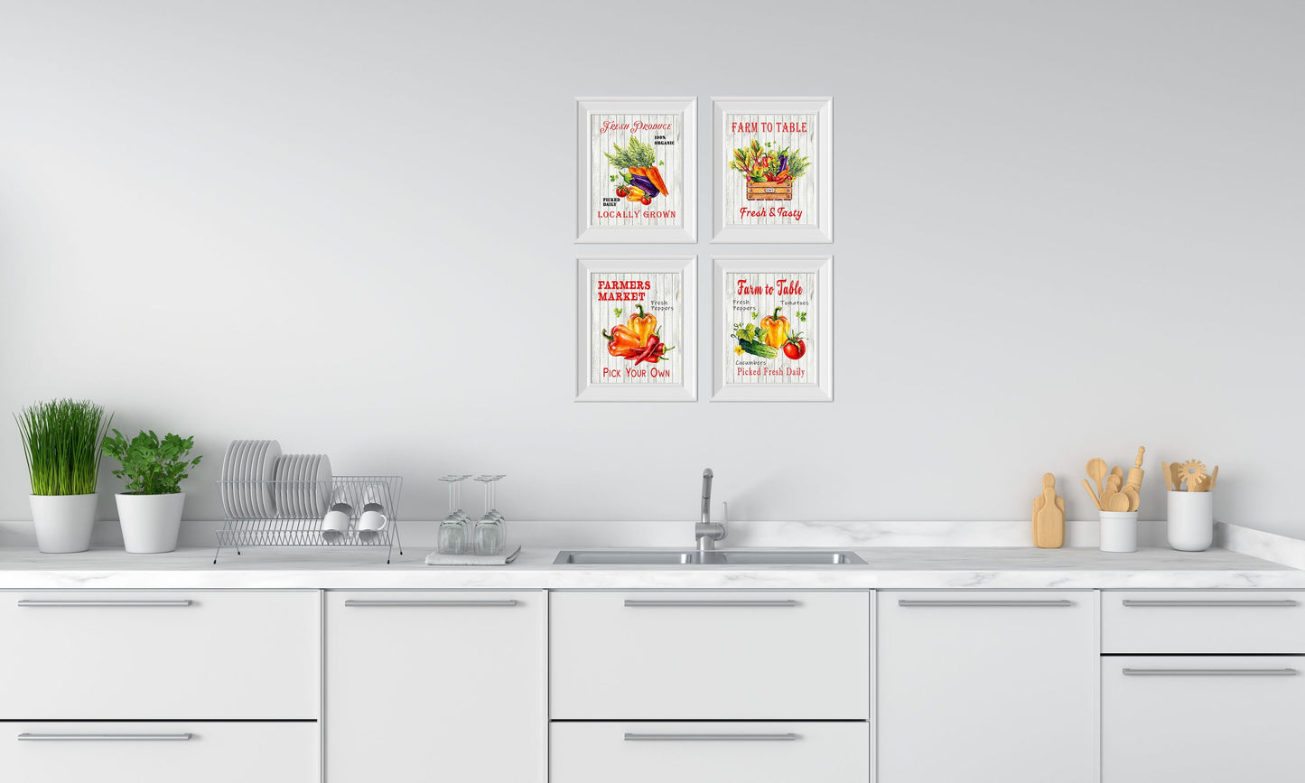 Juego de 4 impresiones en lienzo para pared de cocina con productos frescos de 8 x 10