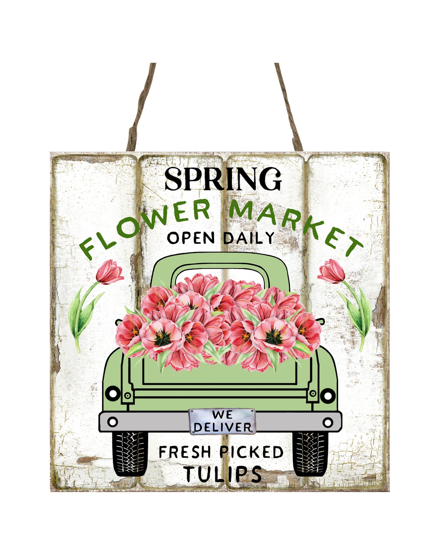 Spring Flower Market Green Truck Tulips Wood Mini Sign