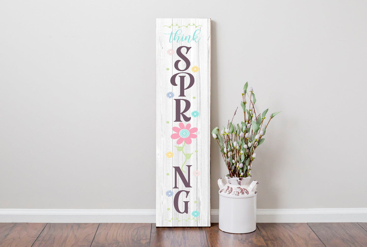 24 Inch (2 Foot Tall) Think Spring Vertical Wood Print Sign