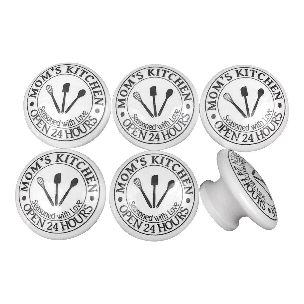 Juego de 6 perillas para gabinete con estampado de madera en blanco y negro Mom's Kitchen