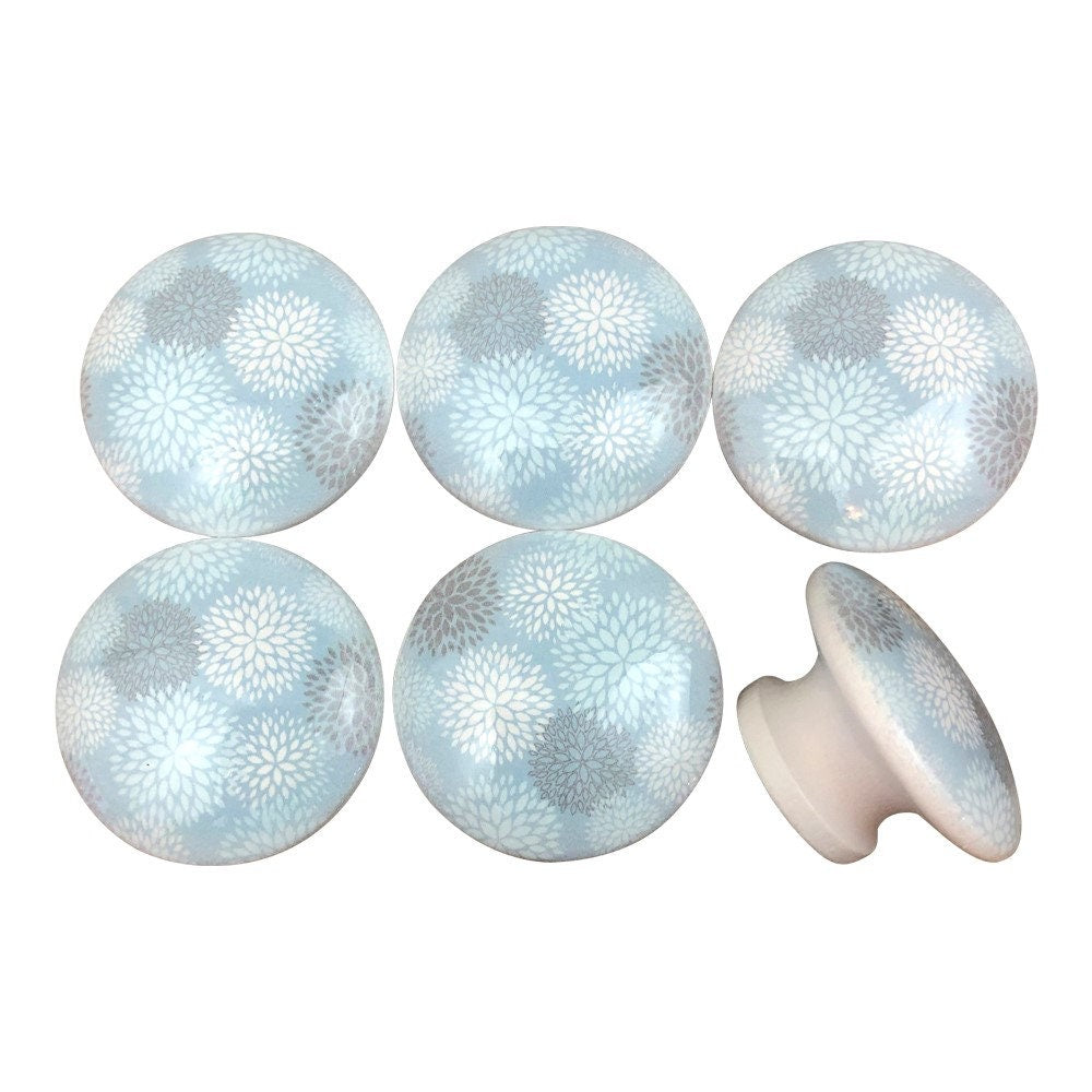 Set of 6 Brighton Blue Dahlia Floral Print Cabinet Knobs