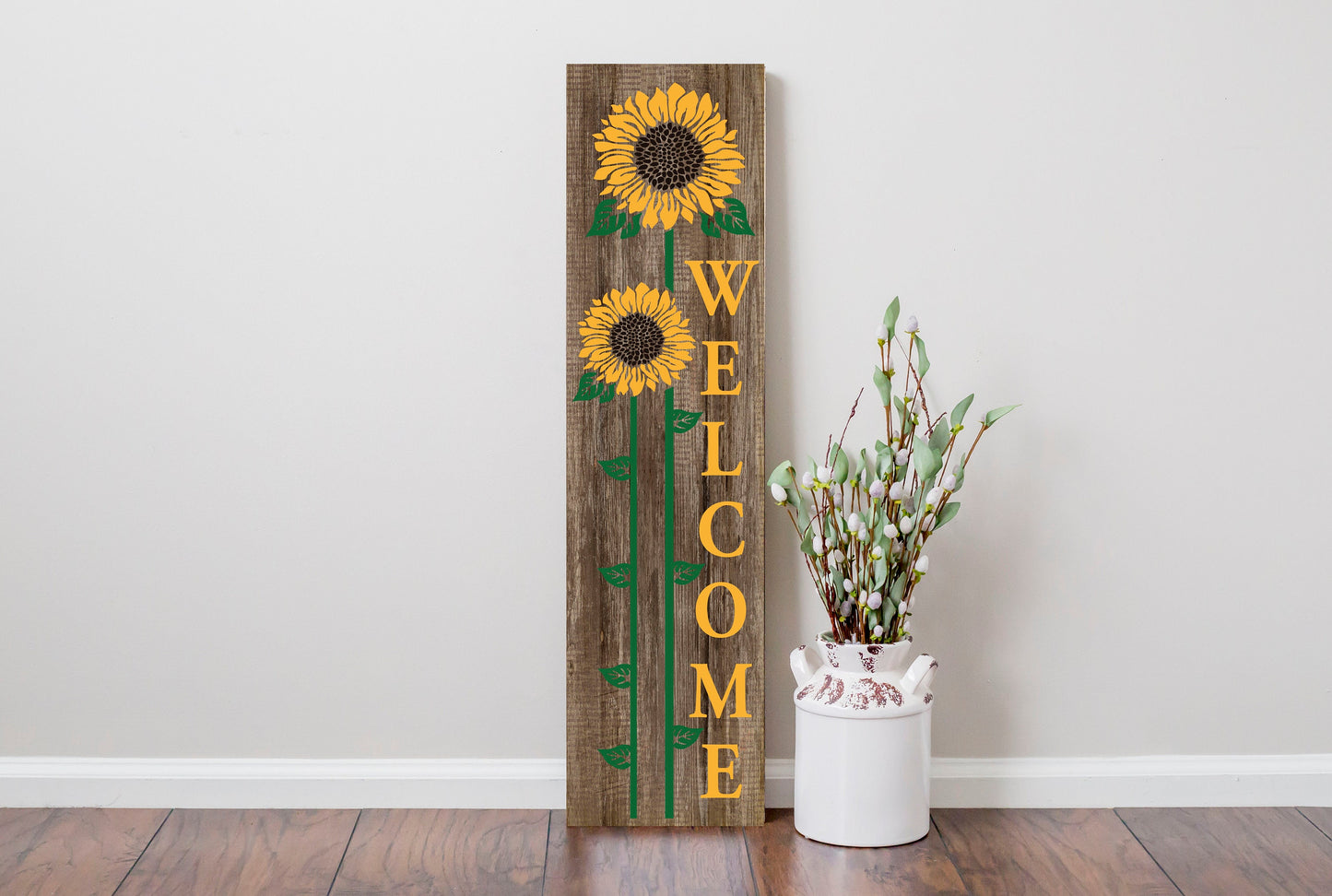 24 pulgadas (2 pies de alto) dos girasoles de bienvenida cartel de impresión de madera vertical