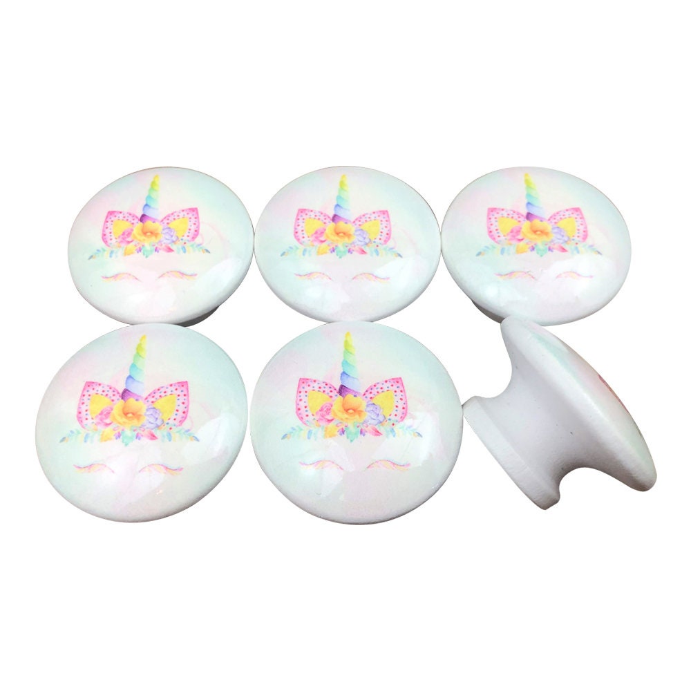 Set of 6 Rainbow Unicorn Face Wood Print Cabinet Knobs W0158