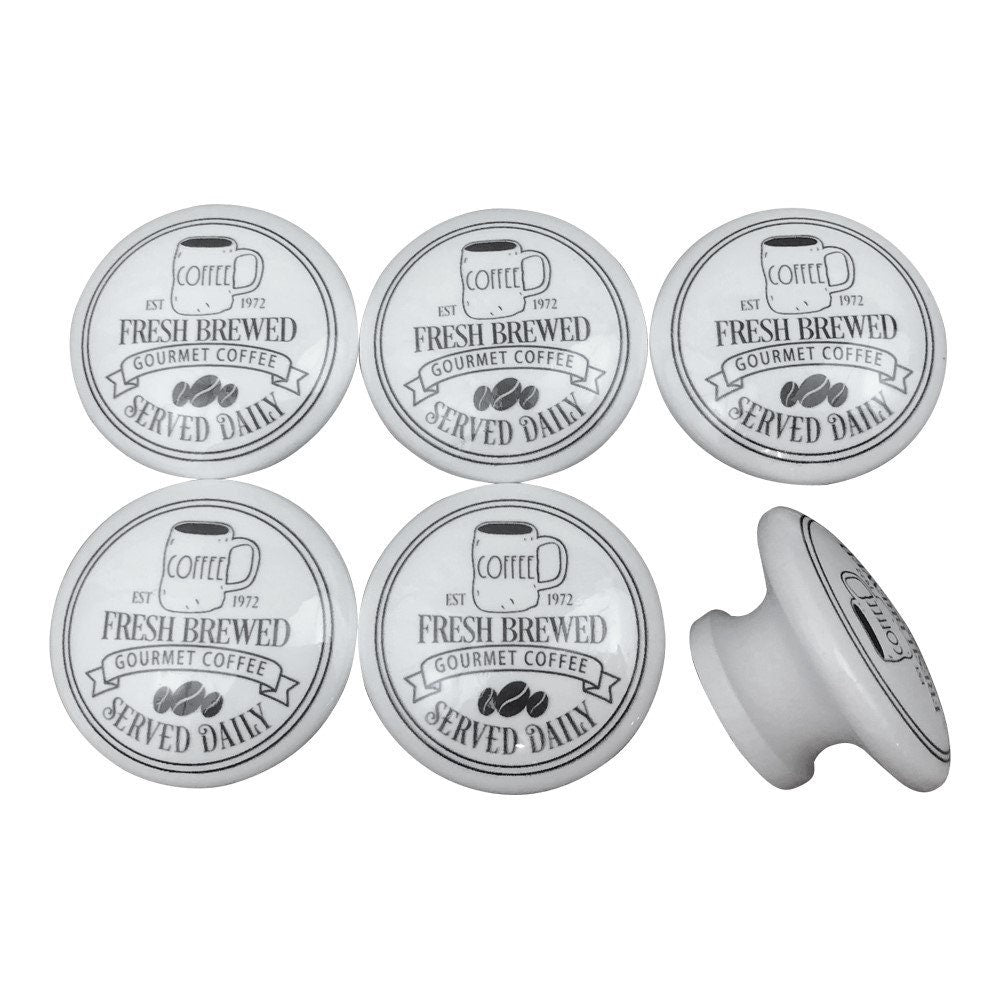 Set of 6 Black and White Fresh Brewed Coffee Wood Print Cabinet Knobs