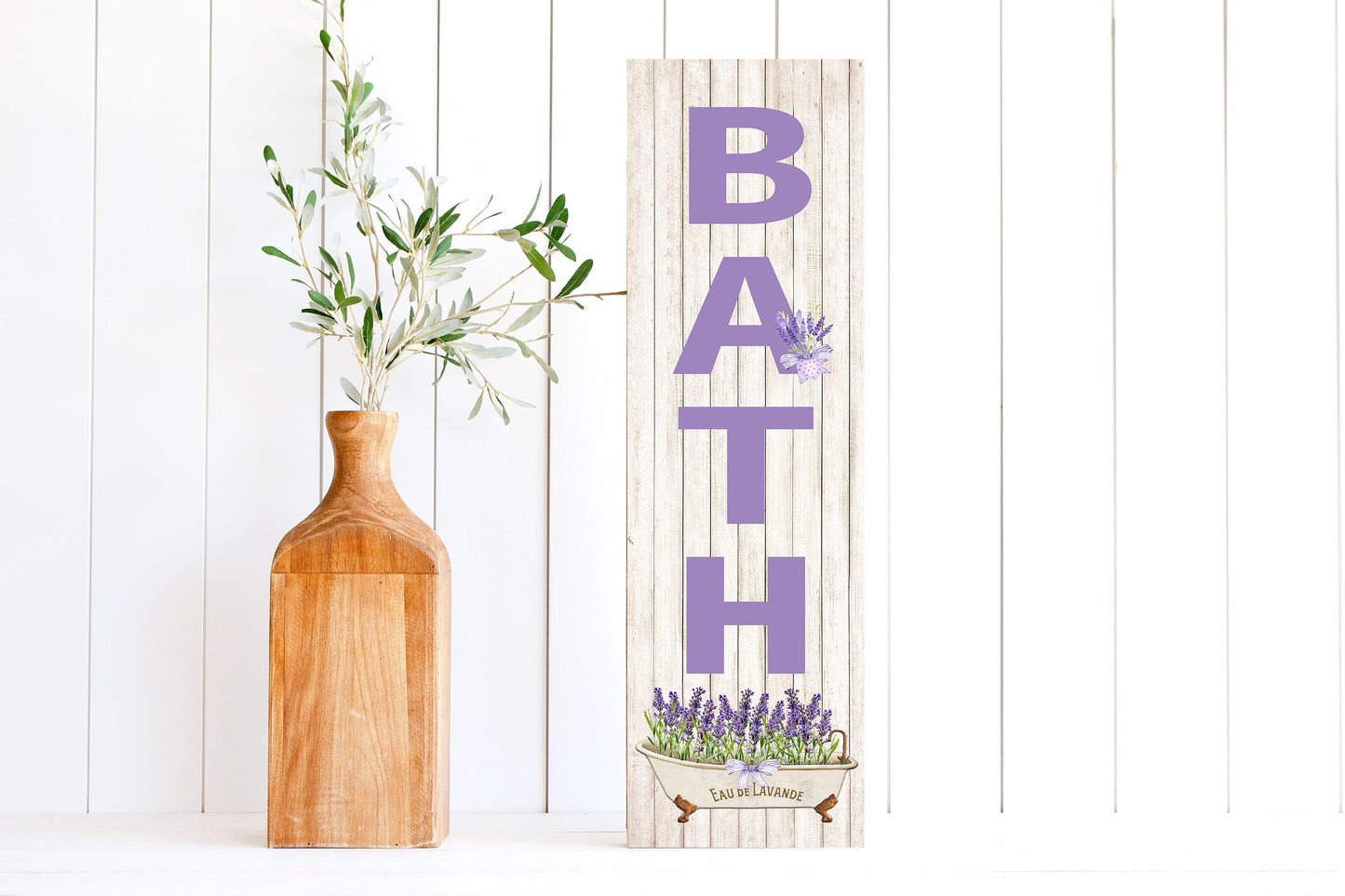 Letrero de madera vertical para baño de lavanda de 24 pulgadas (2 pies de alto)