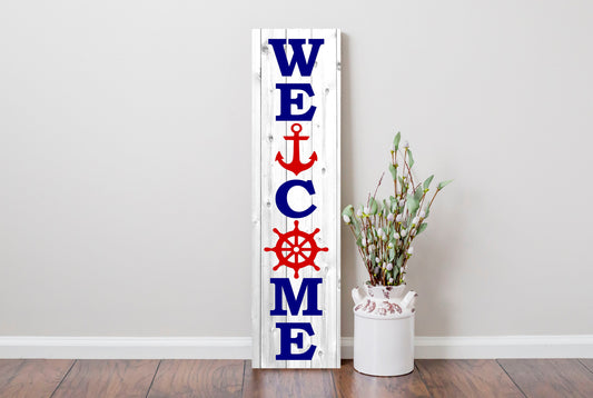 24 Inch (2 Foot Tall) Nautical Welcome Vertical Wood Print Sign