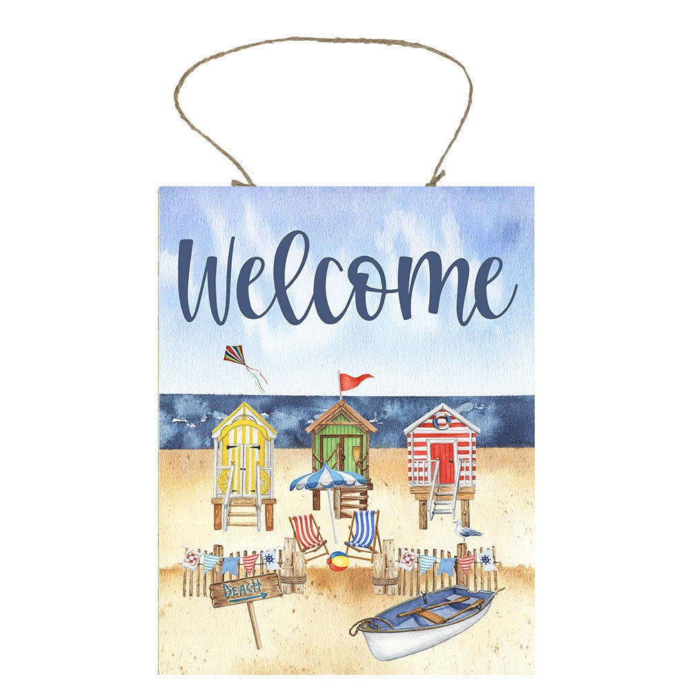 Beach Hut Welcome Printed Handmade Wood Sign