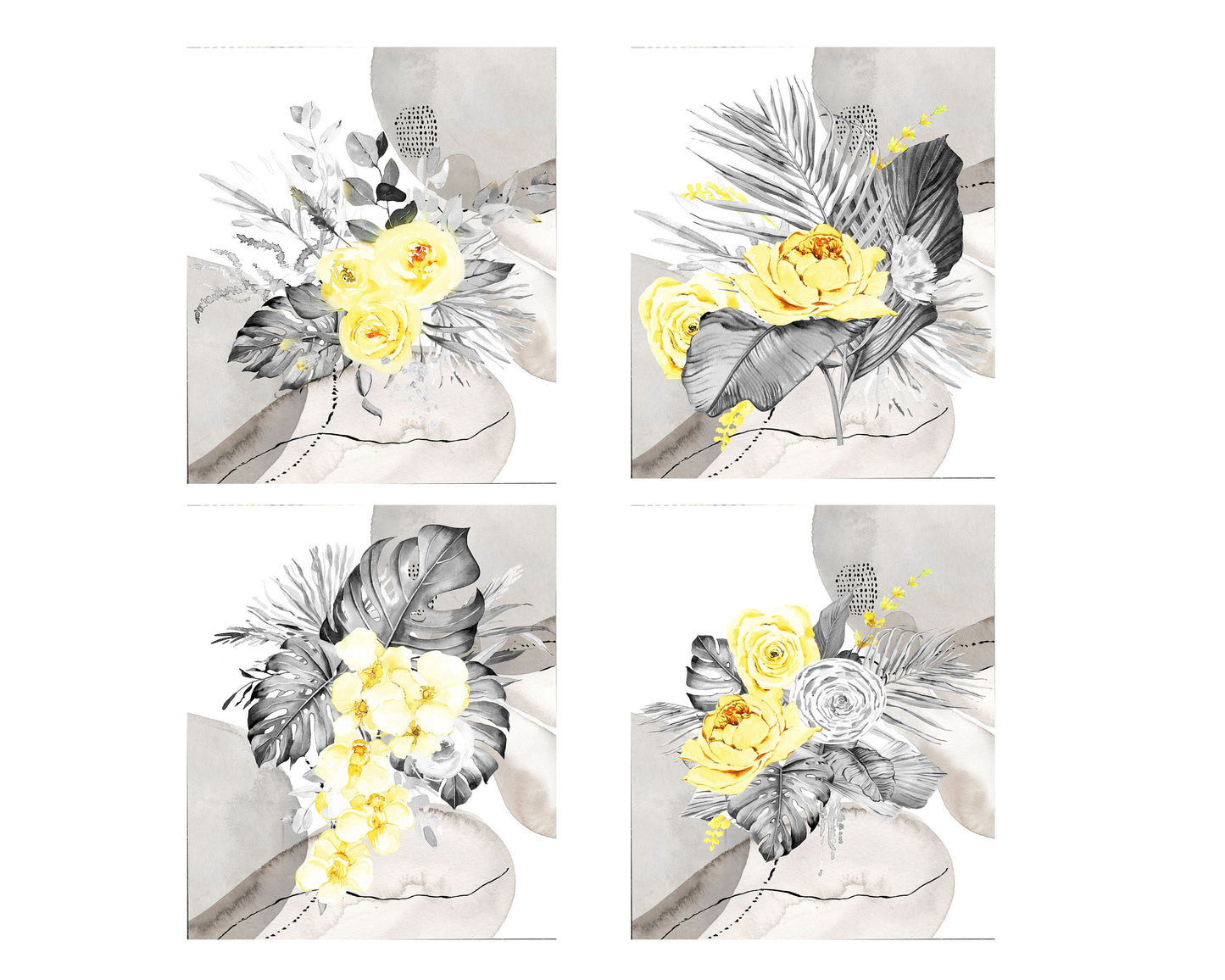 Juego de 4 impresiones en lienzo de 8 x 10 con diseño floral de Luna, color gris y amarillo