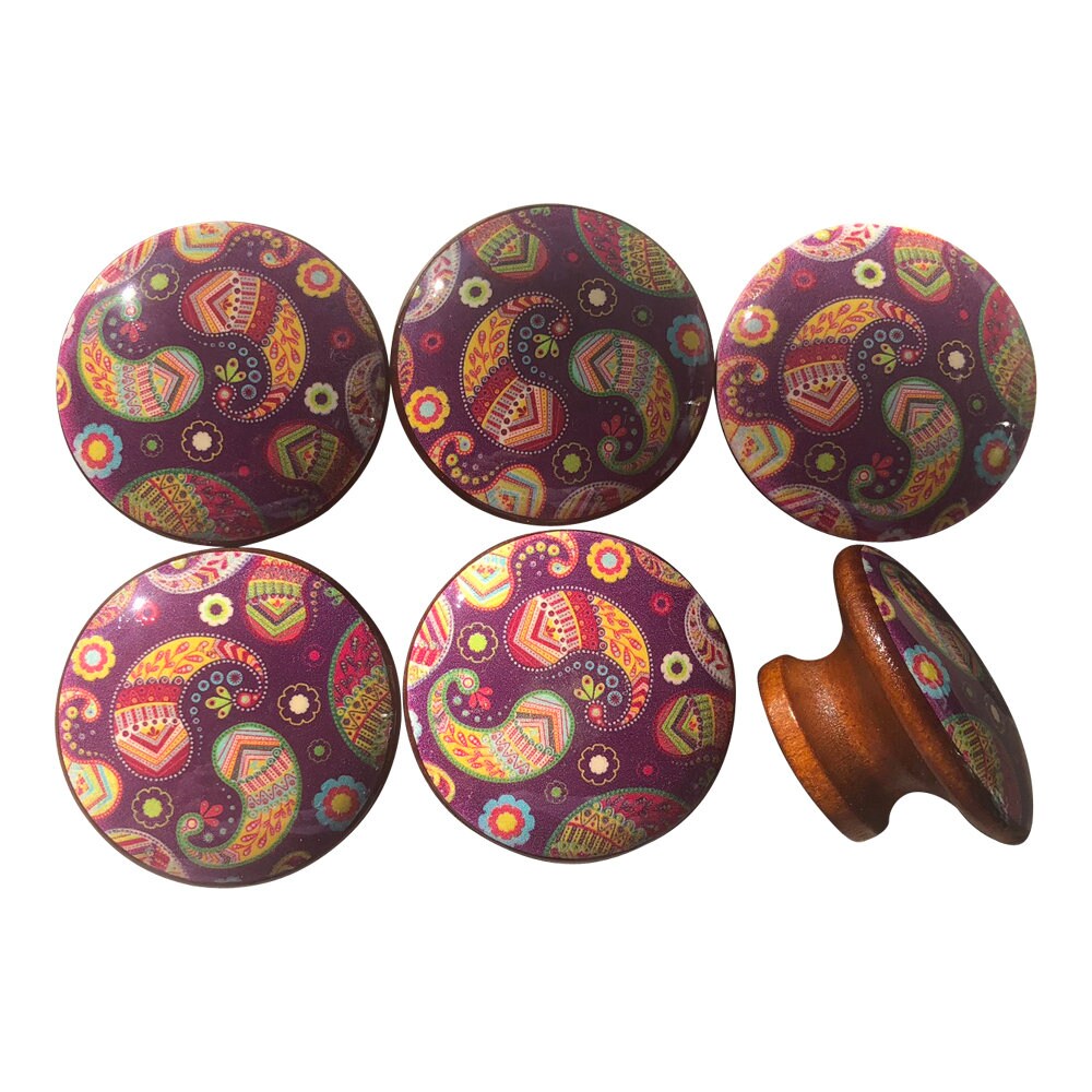 Juego de 6 pomos de armario con estampado de cachemira en color morado