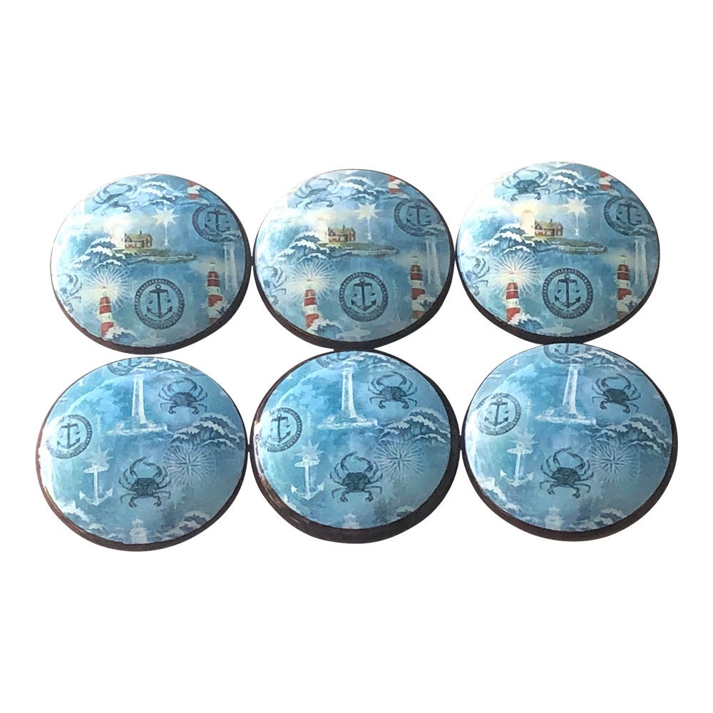 Juego de 6 pomos de armario de madera con estampado de la costa atlántica