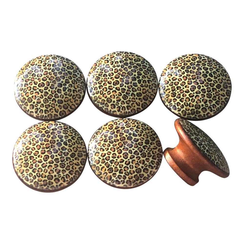 Set of 6 Cheetah Animal Print Wood Cabinet Knobs