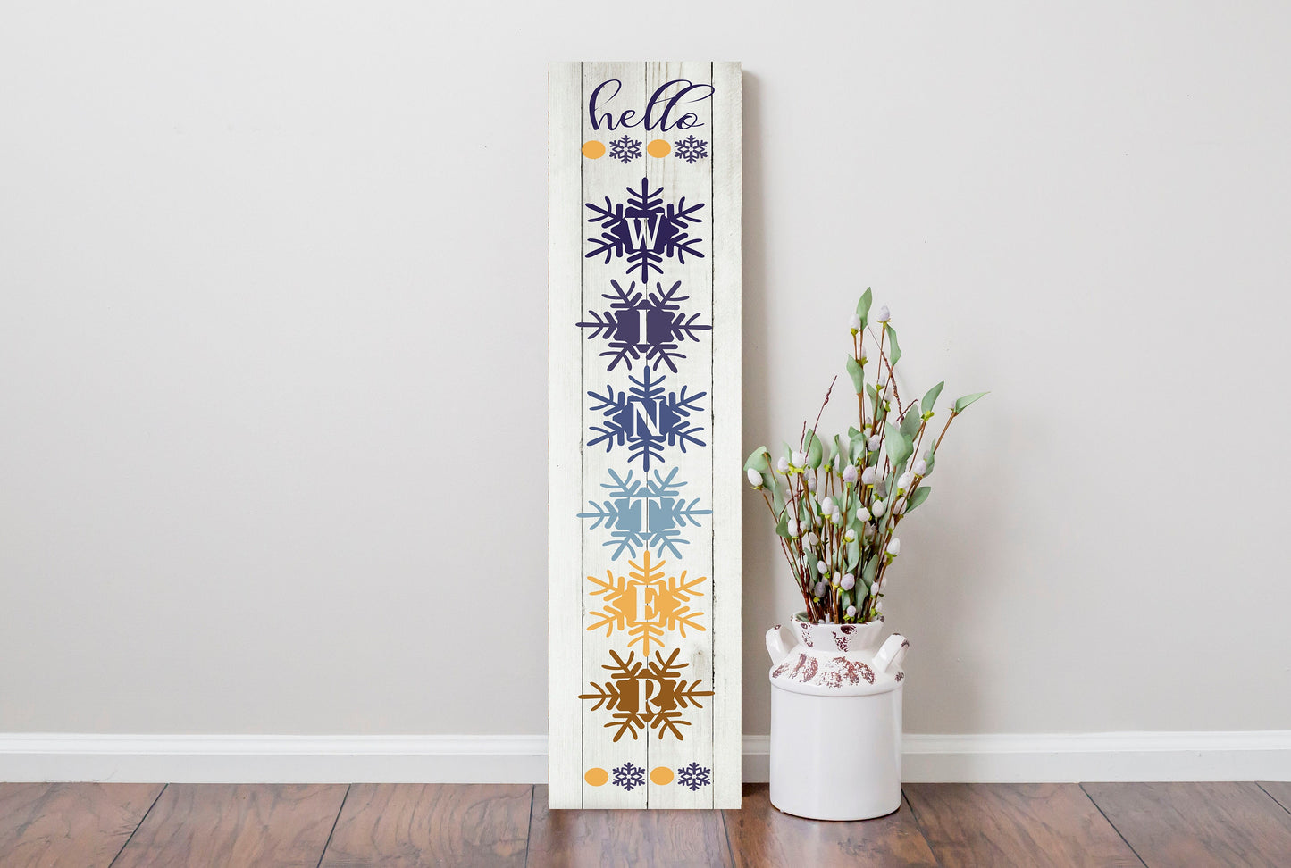 24 pulgadas (2 pies de alto) Hello Winter Letrero de madera vertical con impresión