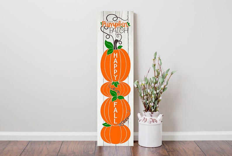 Letrero vertical de madera de 24 pulgadas (2 pies de alto) con calabazas Happy Fall