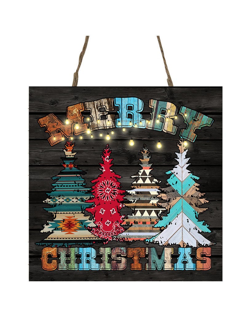 Mini letrero de madera hecho a mano impreso con adorno navideño de árboles occidentales de Feliz Navidad