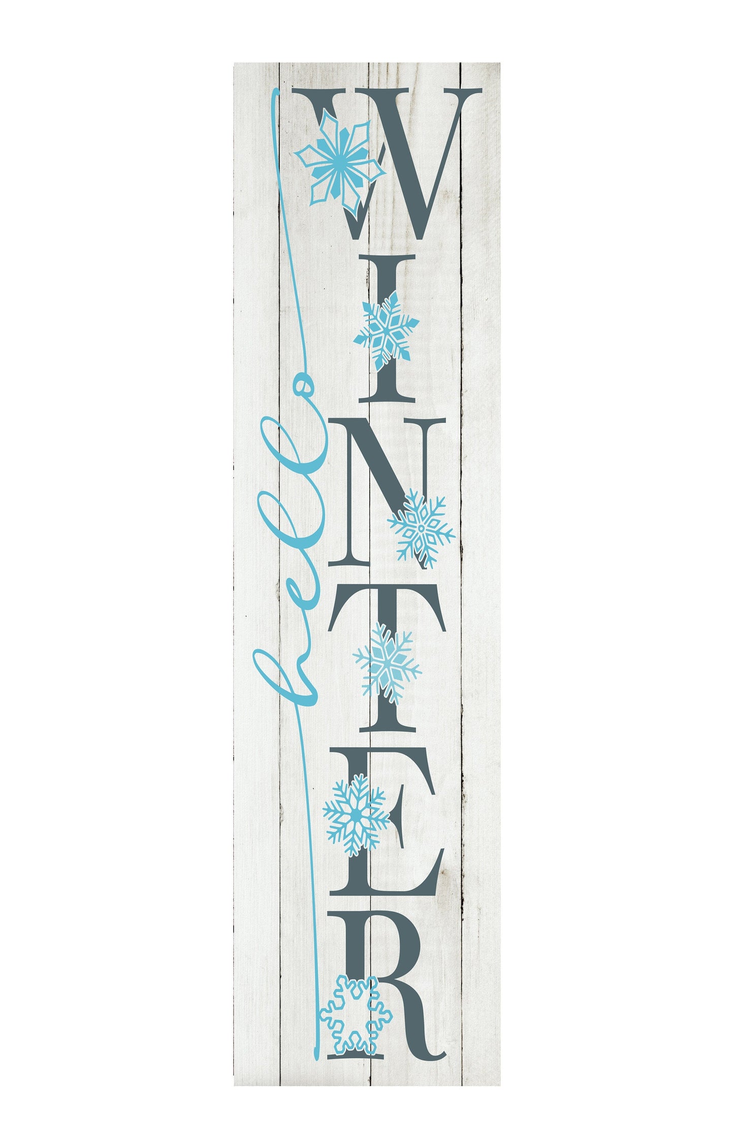 24 pulgadas (2 pies de alto) Hello Winter Blue Snowflakes Letrero de impresión de madera vertical