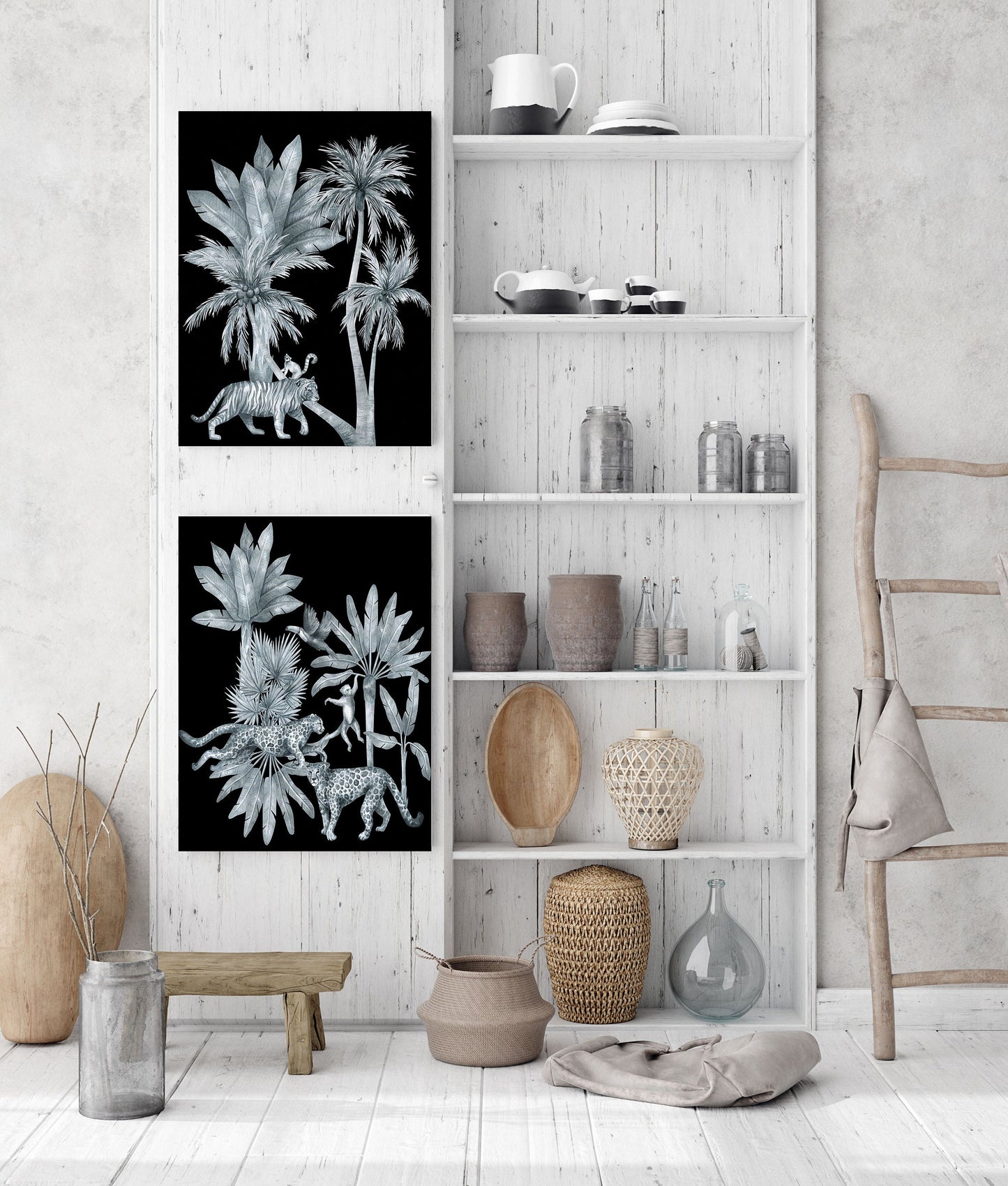 Juego de 2 impresiones en lienzo de pared de jungla plateada de 16x20