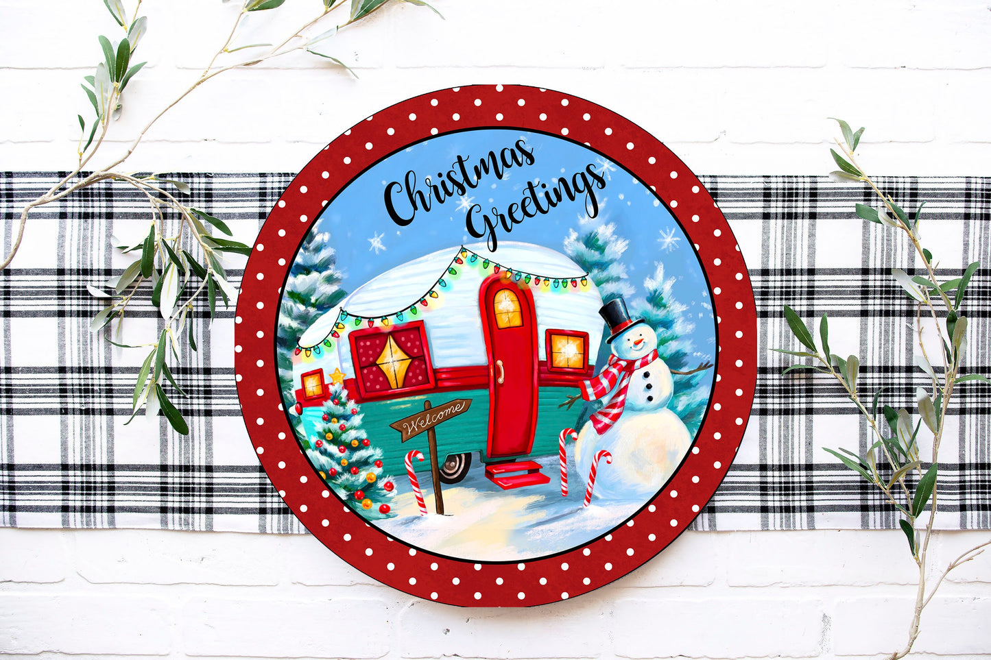 Christmas Greetings Camper Round Printed Handmade Wood Sign