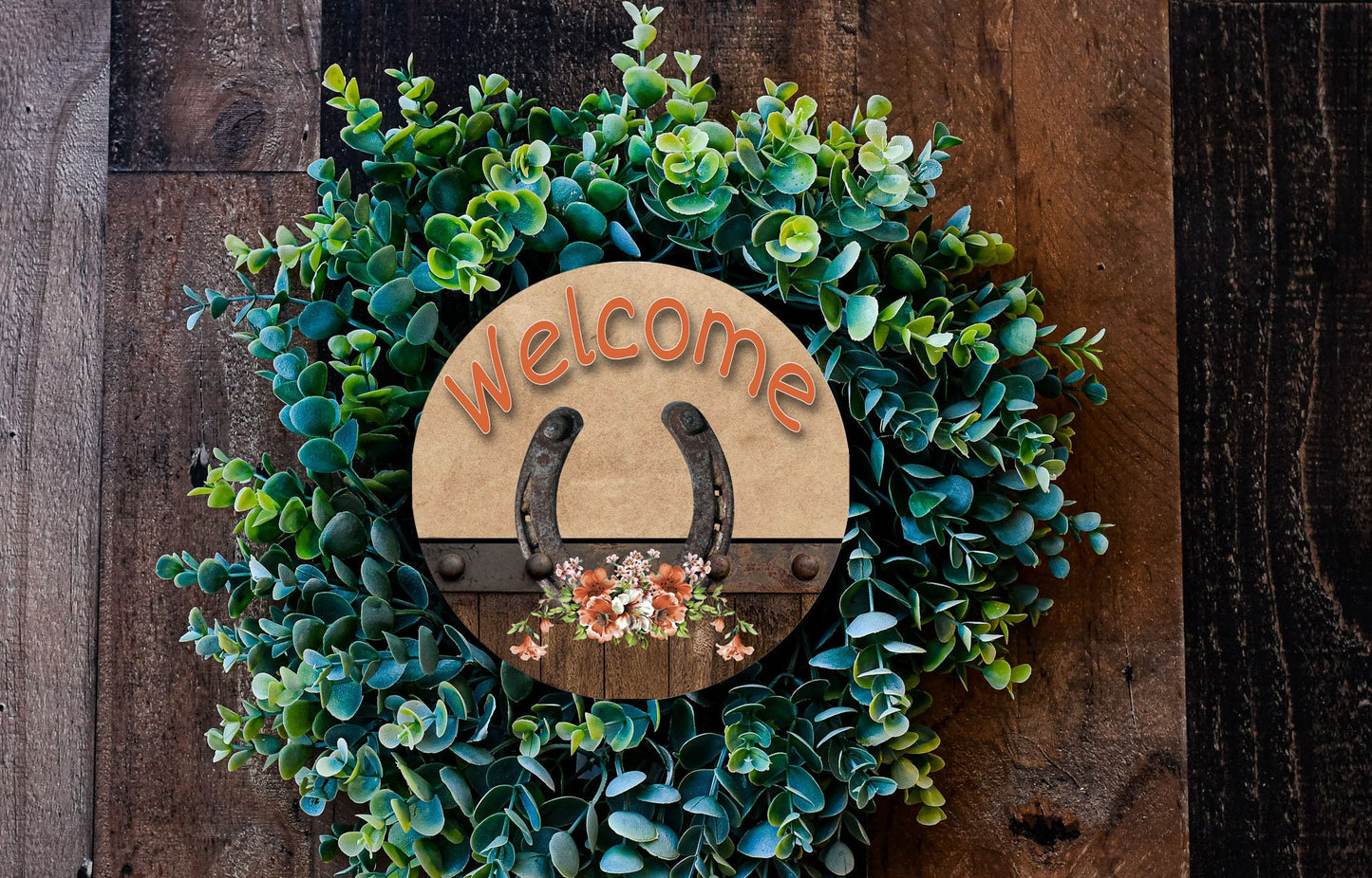 Horseshoe Welcome Round Printed Handmade Wood Sign