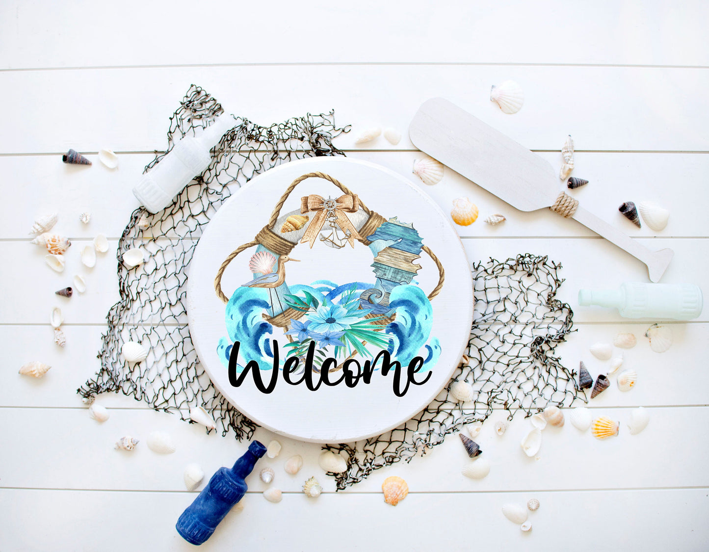 Nautical Welcome Round Printed Handmade Wood Sign