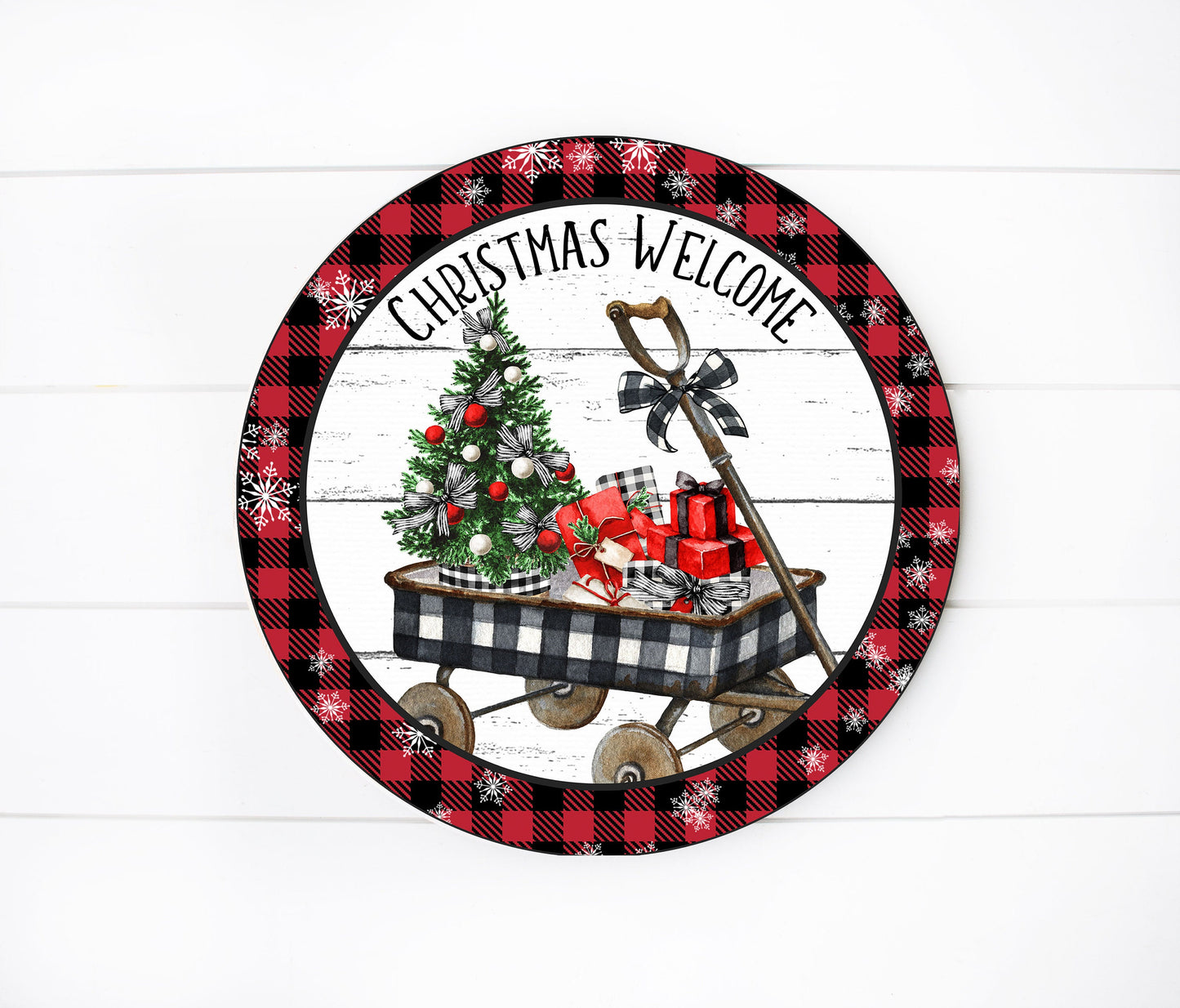 Black Plaid Wagon Christmas Welcome Round Printed Handmade Wood Sign