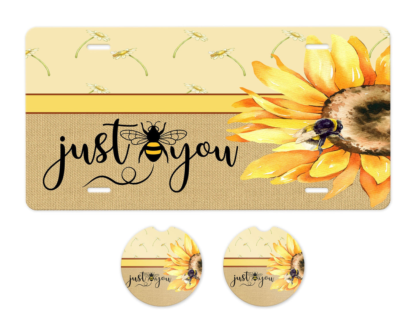 Just Bee You - Juego de placa de matrícula delantera de aluminio y posavasos para coche